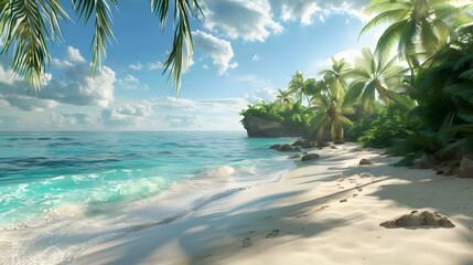 A beautiful tranquil beach scene with palm trees and a calm ocean