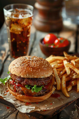 Tasty burger with french fries and a softdrink