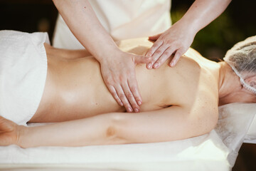 Obraz na płótnie Canvas massage therapist in massage cabinet massaging client
