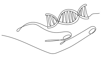 Obraz premium Hand holding DNA continuous one line drawing. Genome linear structure symbol. Vector illustration isolated on white.