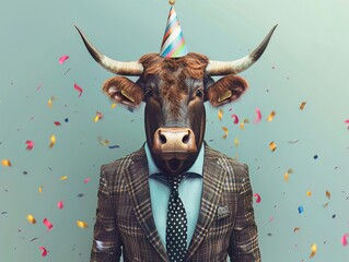 A bull in a corporate celebration, wearing a festive suit, illustrating success and financial achievements