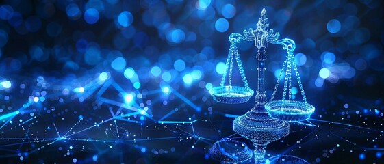 high tech blue  Digital justice scale surrounded by digital data on blue bokeh background , representing the role of AI in business justice.
