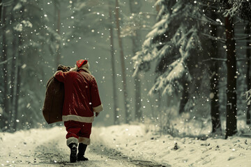 A silhouette of Santa Claus walking through a snowy forest carrying a large sack of presents