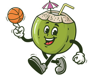 Coconut playing basketball cartoon mascot illustration character vector clip art hand drawn