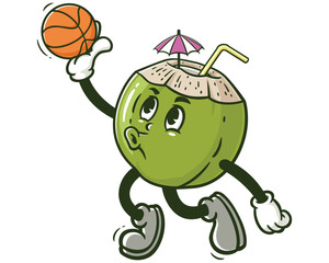 Coconut playing slam dunk basketball cartoon mascot illustration character vector clip art hand drawn