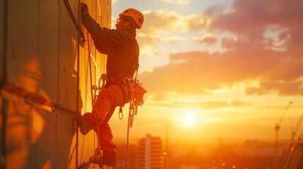 Industrial Climber on Skyscraper at Sunset