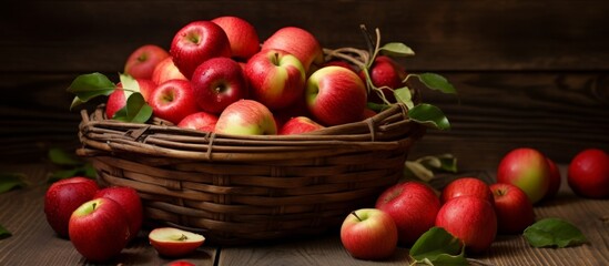 A variety of red and green apples are placed in a wicker basket sitting on top of a wooden table - Powered by Adobe