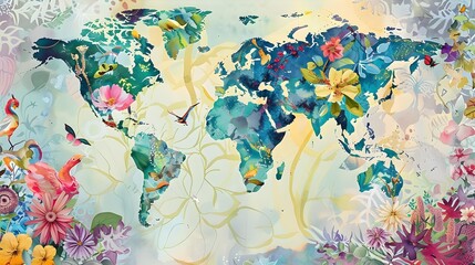 Vibrant Watercolor World Map with Floral and Fauna Accents Showcasing the Beauty and Diversity of Our Global Ecosystem