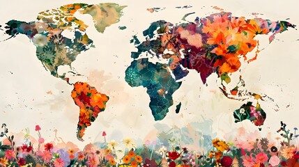 Watercolor World Map with Vibrant Blending of Flora and Fauna Representations