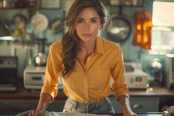 Young, attractive woman standing confidently in a brightly colored retro-style kitchen