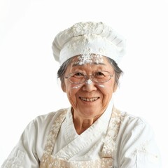 A Japanese baker, dusted in flour, smiling warmly, thinking of the joy their baked goods bring, on a white background. 