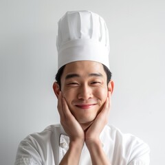 A South Korean chef, in chef whites, smiling gently, dreaming of new recipes
