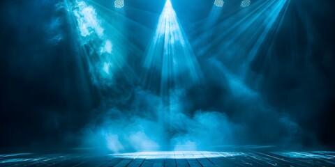 Creating a vibrant atmosphere: Abstract blue spotlight shining on an empty stage at a music...