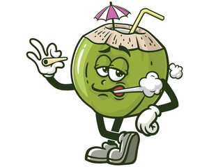smoking Coconut cartoon mascot illustration character vector clip art hand drawn
