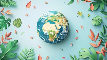 Paper Craft Earth Surrounded by Leaves on Blue - 774168185