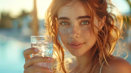 Refreshing scene capturing a young woman taking a sip from a water glass, her expression radiating