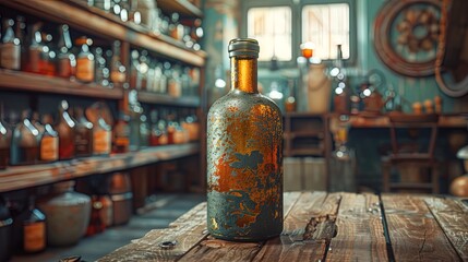 Vintage photograph featuring an old antique bottle, showcasing its aged and weathered appearance w - obrazy, fototapety, plakaty