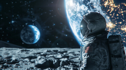 "Astronaut Standing on Lunar Surface with Spectacular View of Earth, Space Exploration and Discovery"

