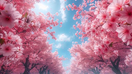 Panoramic view captures a canopy of pink cherry blossoms in a springtime landscape, evoking a sens - obrazy, fototapety, plakaty