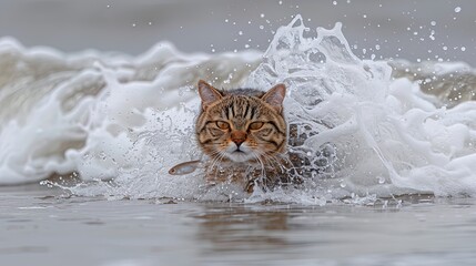 Playful cat dashes with a fish dangling from its mouth, showcasing its hunting prowess in a lively - obrazy, fototapety, plakaty