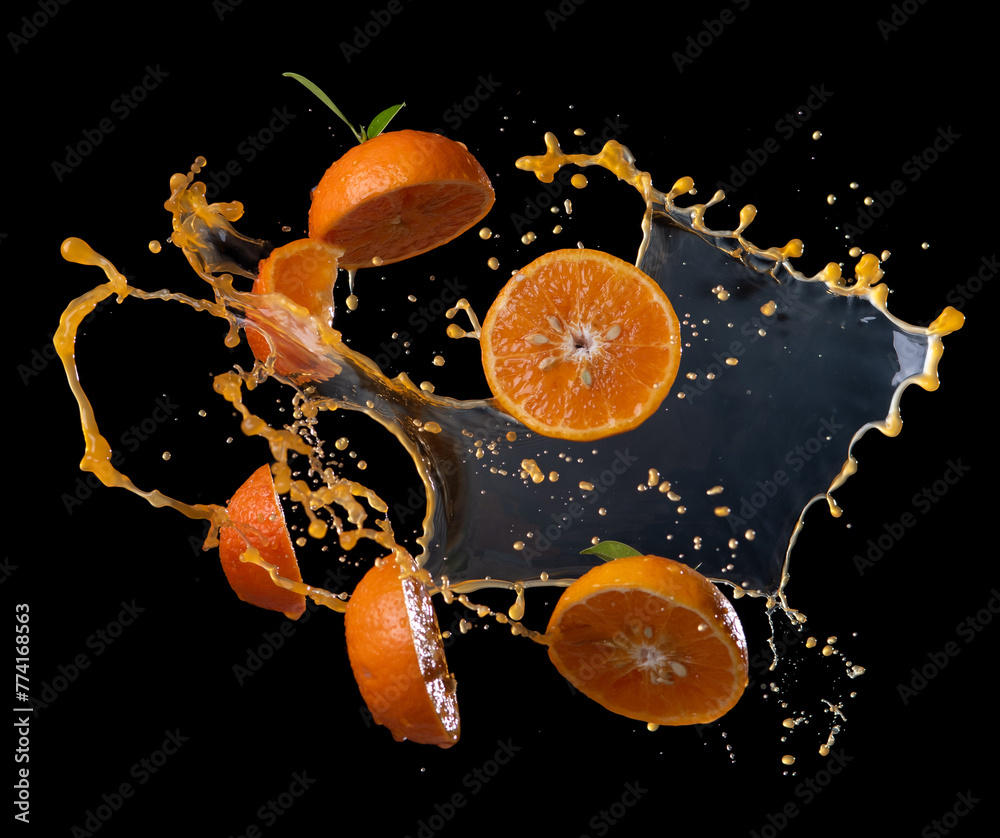 Poster Sliced of orange with juice splash on black background