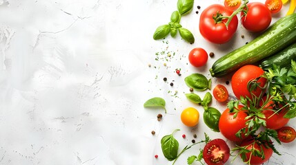 Fresh organic vegetables on a white backdrop, ideal for healthy lifestyle promotion. Vivid colors, space for text. Perfect for culinary blogs. AI - obrazy, fototapety, plakaty