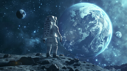 "Astronaut Standing on Lunar Surface with Spectacular View of Earth, Space Exploration and Discovery"

