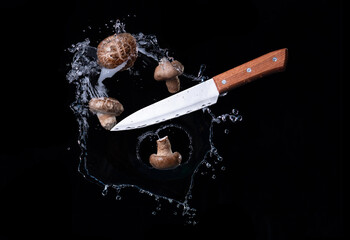 Champignon mushroom with knife against a black background, flying food