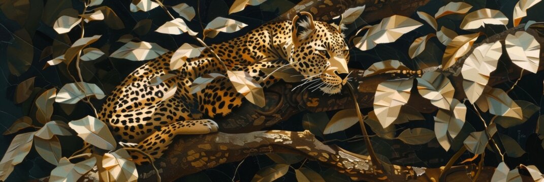 Perched in a realistic savanna tree, an origami leopard peers down, its spotted paper hide blending with the dappled sunlight filtering through leaves