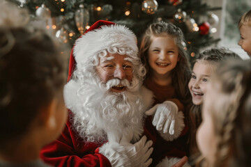 Fototapeta na wymiar A close-up photo of Santa Claus surrounded by happy children's faces