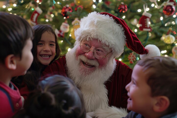 Fototapeta na wymiar A close-up photo of Santa Claus surrounded by happy children's faces