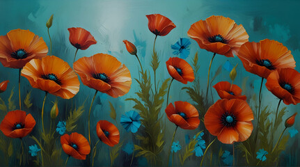 Abstract modern floral poppies painting banner. Colourful poppy flowers, brush strokes textured turquoise.generative.ai