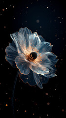 Golden glowing flower with transparent petals. Beautiful magical flower on a dark background with...