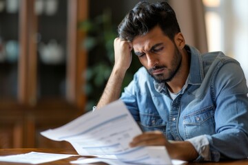 Close-up of a despairing adult facing financial documents - obrazy, fototapety, plakaty
