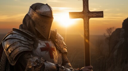 Sunset illuminates the path to the Holy Grail a sacred journey for the Knights Templar and Christian Warriors - obrazy, fototapety, plakaty