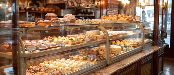 A wide-angle shot capturing an extensive assortment of baked goods in a traditional bakery display, ranging from muffins to elaborate pastries. - obrazy, fototapety, plakaty