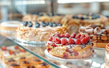 A close-up shot of a berry tart, dusted with powdered sugar and piled high with fresh raspberries, set in a dessert display.