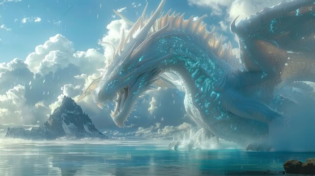 A white dragon in a fantasy land of eternal ice