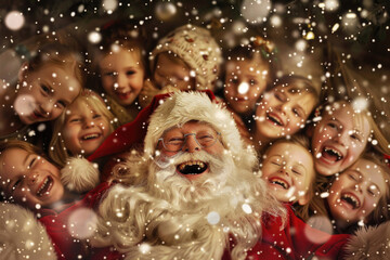 A close-up photo of Santa Claus surrounded by happy children's faces