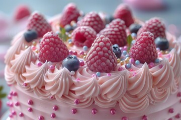 Close-up of an elegant delicately pink frosted cake adorned with fresh raspberries, blueberries, and decorative pearls