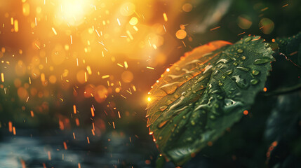 Close-up of an autumn leaf adorned with sparkling raindrops, capturing the essence of fall with a...