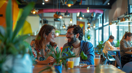 A cheerful couple enjoys each other's company in a cafe, with a warm and friendly ambiance surrounding them.
