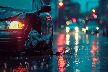 Close-up of a car with a dented front fender and broken headlight on a wet urban road at night, illuminated by traffic lights. - obrazy, fototapety, plakaty