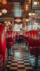Classic American diner showcasing shiny red booths and a traditional checkered floor with a welcoming ambiance suitable for any time of day.