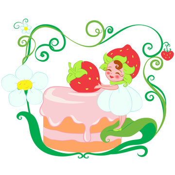 Vector multicolored cartoon childish illustration - simple little cute pretty stylized fairy girl decorating cake with strawberries, standing on a leaf, flower in a beautiful intertwined frame. 