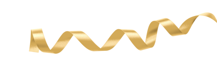 Gold ribbon satin bow curly scroll png isolated on transparent background for Christmas, birthday and wedding card confetti design decoration