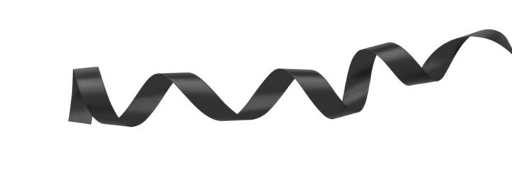 Black ribbon satin bow color curly scroll hanging png isolated on transparent background with clipping path for ceremony invitation card design decoration element