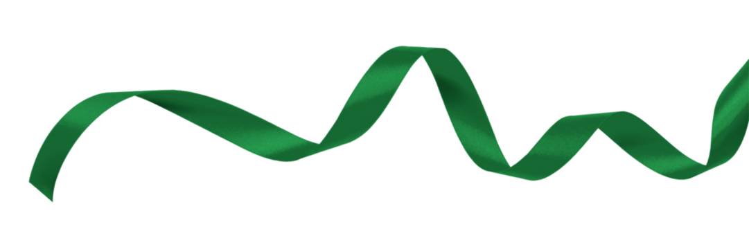 Green ribbon satin curly scroll bow png isolated on transparent background with clipping path for Christmas holiday and greeting card confetti design decoration