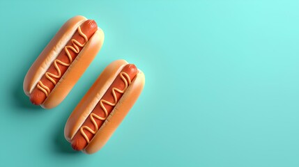 Two delicious hot dogs with mustard on top, presented on a minimalist teal background with space for text.