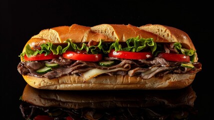 Beef sandwich with vegetables and reflective dark surface